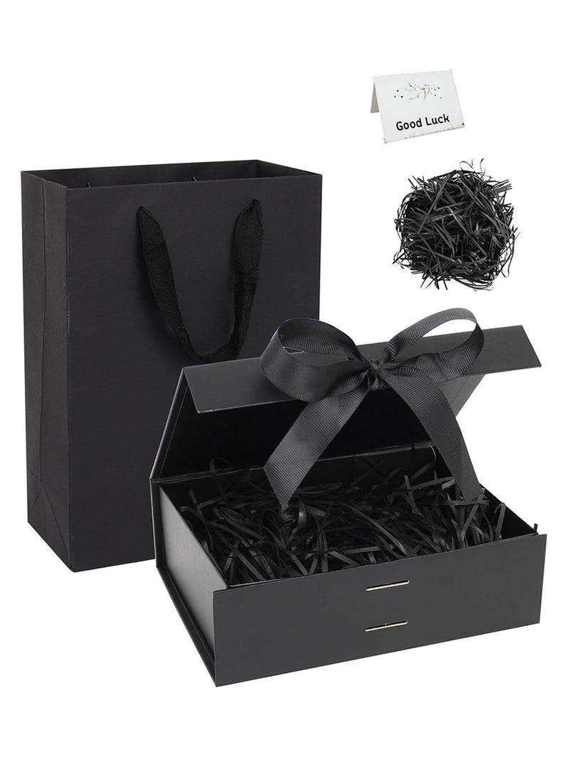 صندوق هدايا أسود فاخر مغناطيسي قابل للطي (29×22×10.5 سم) – مع حقيبة هدايا، شريط، رافيا وبطاقة تهنئة، مثالي لأعياد الميلاد والزفاف وعيد الحب والكريسماس - Image 1